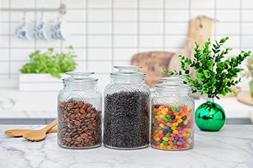 Image of Le'raze Food Storage Containers with Airtight Lids - Retro Design - Pantry Organization, Glass Canisters Storage for Cookies, Tea, Sugar, Candy Jars, Sugar Packet, Set of 3