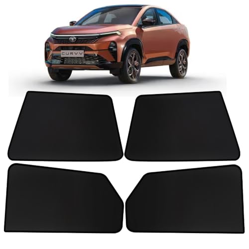Image of OTO2EYE Car Sun Shade Compatible for Tata Curvv Z-Black Fix Type Side Window Curtains, Only Half Cut in Front Window, 4 Pieces Set