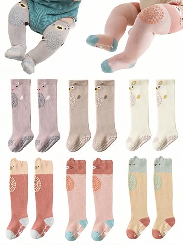 Image of BEHELE Baby Toddlers Knee High Non Slip Socks with Grips Girl Boy Non-Skid Socks Newborn Infant Floor Crawling Tube Stockings