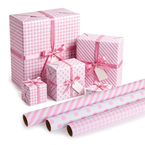 woric Pink Wrapping Paper - Mini Roll - Birthday Wrapping Paper Girls