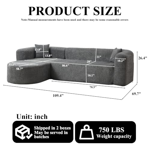 Image of Oversized Sectional Sofa with Chaise with 2 Throw Pillows, 109 inch Modern Luxury Chenille Sofa Extra Wide Seat L-Shape Curved Cloud Couch for Living Room (Left Chaise, Grey)