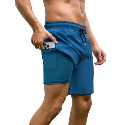 Arolina Mens Swim Trunks with Compression Liner 7 Inch Quick Dry Board Shorts Bathing Suits Swimwear Medium Navy Blue