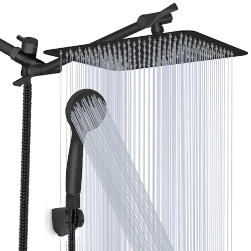 Shower Head, Kaqinu 10'' High Pressure Rainfall Shower Head/Handheld Showerhead Combo with 11” Extension Arm, Anti-leak Shower Head with Holder/Hose, Flow Regulator - Matt Black Shower Head, Kaqinu 10'' High Pressure Rainfall Shower Head/Handheld Showerhead Combo with 11” Extension Arm, Anti-leak Shower Head with Holder/Hose, Flow Regulator - Matt Black