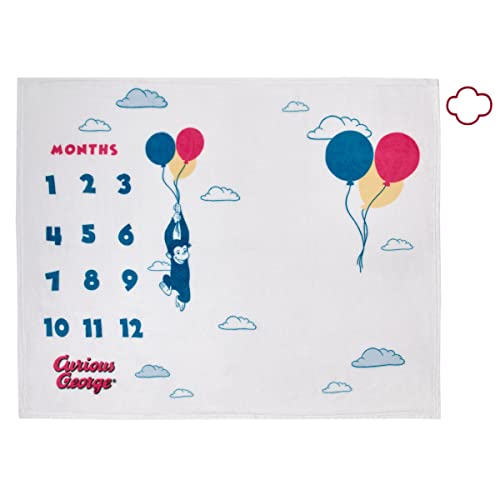 Image of Welcome to The Universe Baby Curious George White, Blue, Red, and Yellow Balloons and Clouds Super Soft Milestone Baby Blanket