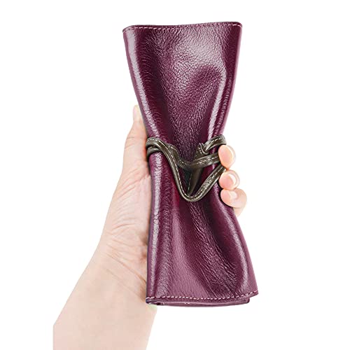 Image of ZLYC Handmade Leather Pencil Case Soft Roll Bag Stationery Gift,Burgundy | multi slot pen storage design,school class daily use,office desk organizer,graduation holiday gift,foldable portable size