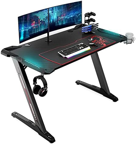 EUREKA ERGONOMIC Z1-S Pro Gaming Desk 44.5" Z Shaped Home Office PC Computer Desks Gamer Tables with LED Lights Controller Stand Cup Holder Headphone Hook Free Mousepad for Men Boyfriend Female Gift