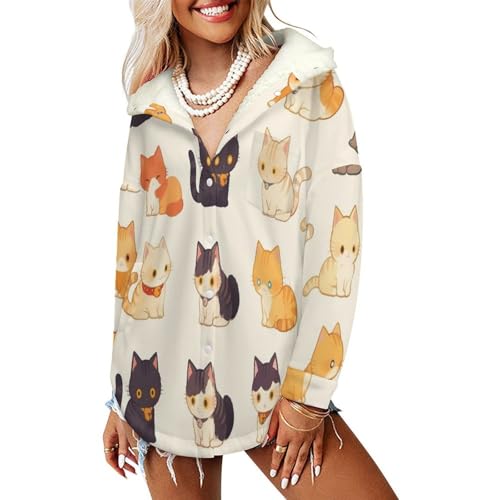 Veste polaire chat mignon pour femme avec capuche en peluche crème