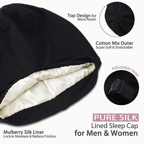 Hat Hut 100% Mulberry Silk Lined Sleep Cap Pure Silk Bonnet for Curly Hair Wrap Bonnet for Sleeping Slouchy Beanie (Black) - Image 3