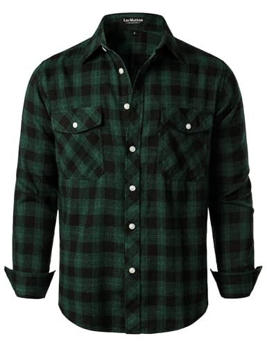 LucMatton Mens Flannel Shirt Casual Regular-Fit Long-Sleeve Button-Down Plaid Shirt Green Large