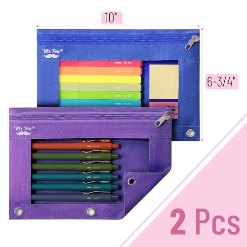 Image of Mr. Pen- Pencil Pouch for 3 Ring Binder, 2 Pack, 10 inchx6.75 inch, Smooth Zipper | Clear Window, Large Capacity Pencil Case with 3 Reinforced Grommets for School, Office, Supplies Storage | Clear Window, Large Capacity Pencil Case with 3 Reinforced Grommets for School, Office, Supplies Storage