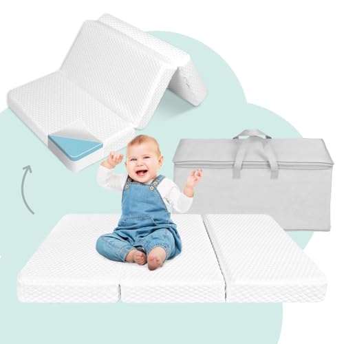 Folding Baby Cot Mattress 96 x 66 x 6cm, Portable Travel Cot Mattress, Breathable Soft Plush Memory Foam Includes Carry Bag Removable Washable Cover, Perfect for Home, Travel, and Camping