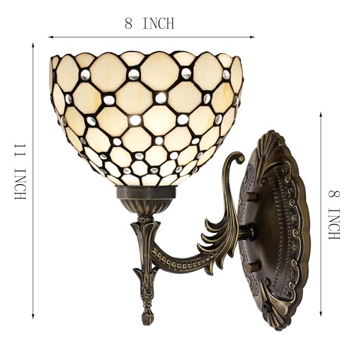 Image of Tiffany Wall Sconce Lamp Stained Glass 8X10.5X11 Inch Plug in Wall Bedside Light for Hallway Bedroom (Amber Bead Style)