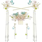 5Pcs Flower Goose Chinese Tassel Hair Pins Crystal Rhinestone Pearl Hair Clips Retro Floral Hanfu Metal Hair Side Combs Sticks Bun Updo Holders Headpiece Wedding Accessories Jewelry for Women Girls