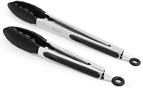SAILAVY 2 Pack Kitchen Tongs, Premium Food Cooking Tongs Set, Stainless Steel Tongs with High Heat Resistant Silicone Tips, Perfect for Cooking, BBQ, Grilling, Salad, etc. (9 and 12 Inches, Black)