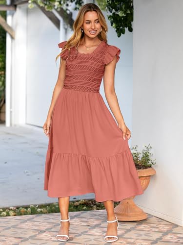 Image of Simplee Womens Summer Midi Dress Casual Boho Smocked Waist Flutter Sleeve A Line Flowy Tiered Dress with Pockets