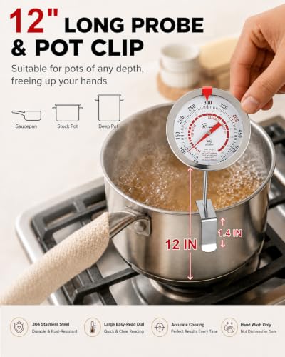 Image of Candy Thermometer with Pot Clip Deep Fry Oil Thermometer 12-Inch Probe 2PC