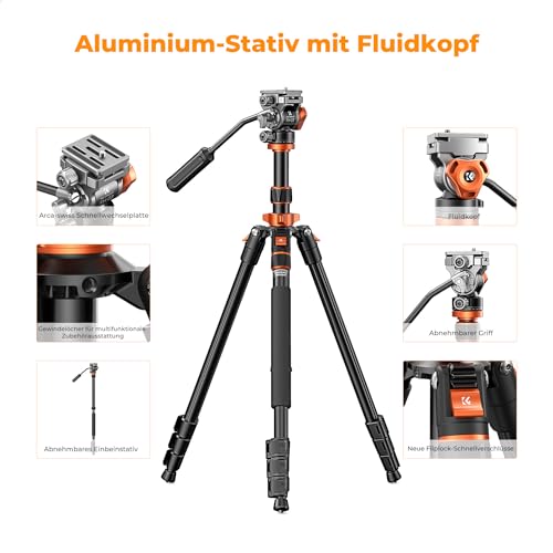 K&F Concept Stativ für Kamera und Video mit Fluidkopf und Einbeinstativ