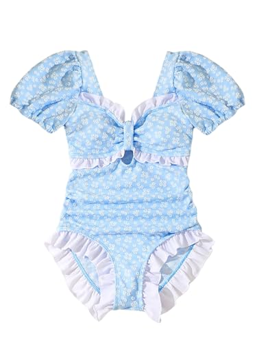 Floerns Girl's One Piece Swimsuit Floral Ruffle Trim Square Neck Short Sleeve Beachwear