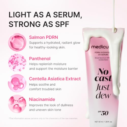 Image of medicube Sunscreen No Cast Just Dew PDRN Hydrating UV Sun Serum | SPF 50 Fast-Absorbing Sunscreen | Lightweight Hydration & Cooling | PDRN, Panthenol & Centella | Korean Skincare, Low-Irritation