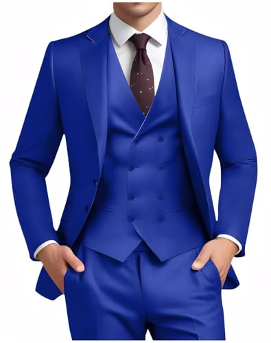 Suits Men 3 Piece Classic Fit Tuxedo Dress Suit Jacket Blazer Vest Pants Royal Blue for Wedding Business Formal Fashion Grooms L