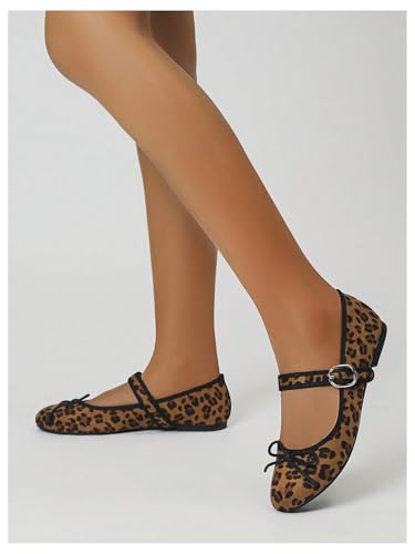 Milumia Women's Leopard Bow Knot Velvet Ballet Flats Mary Jane Round Toe Buckle Flat Shoes2