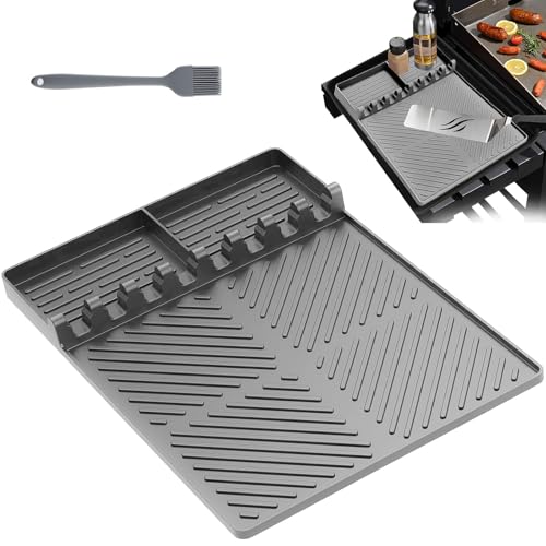 Silikon Grillmatte Grau, Gasgrill Seitentische Matte BBQ Utensilienhalter, Weich mit Reibung, Gasgrill Zubehör, für Seitenablage von Grillbesteck