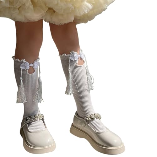 Sock,Chinese Knotting Socks for Kids Socks NonSlip Stretchy Fringed Trim Knee Highs Socks Girl Dancing Dress Socks