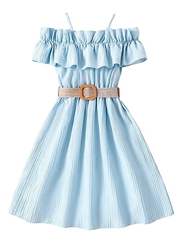 WDIRARA Girl's Cold Shoulder Ruffle Trim Short Sleeve Belted Flared A Line Dress