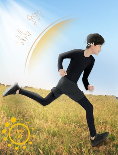 EXARUS 4 Pack Boys Compression Shirts Youth Long Sleeve Sports Base Layer Moisture Wicking Undershirts for Football 6-12Y4