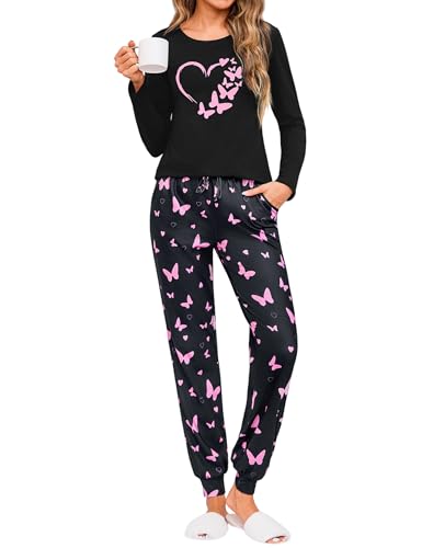 Leversic Pijama de Invierno para Mujer Conjunto de Algodón Pijamas con Manga Larga y Pantalón Largo Ropa de Dormir con Estampado de Mariposas S-XXL(Rosa,XL)