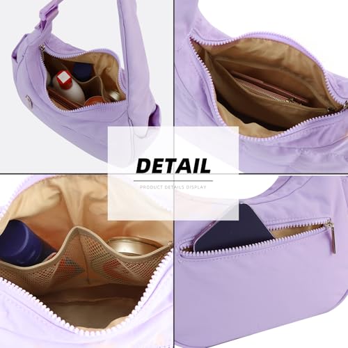 Image of Small Puffer Crescent Underarm Shoulder Bag for Women, Nylon Quilted Purses Handbags with Adjustable Strap, Purple
