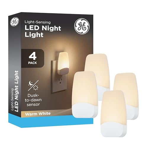 Image of GE LED Night Lights Plug Into Wall, Dusk to Dawn Sensor, Ambient Lighting, Dorm Room Essentials, Nightlight for Bedroom, Bathroom Decor, Kitchen Warm White, 86119, 4 Pack
