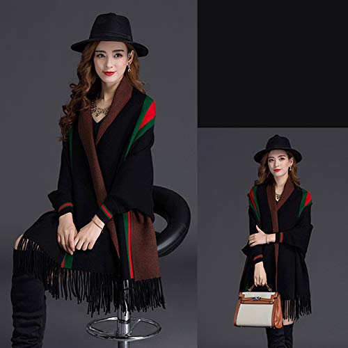 LIULIFE Tassel Shawl Spring Autumn Women's Cloak Scarf Dual-use Cardigan with Sleeves Cape Poncho,Black-OneSize2