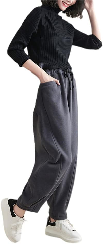 KEHAIOO Winter Warm Fleece Thick Oversize Loose Casual Trouser Women Solid Color Elastic Waist Sweatpants