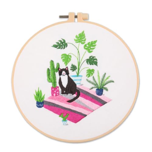 Gofission Kit de bordado para adultos, principiantes, flores, plantas verdes, gatos, juego de tela preimpresa con accesorios para decoración del hogar (gato 4)