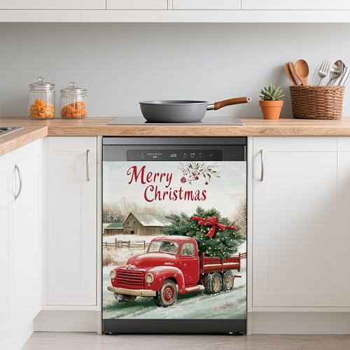 Image of Christmas Red Truck Dishwasher Magnets Decorative Cover,Winter Xmas Tree Waterproof Magnetic Dishwasher Cover Panel,Refrigerator Magnet Cover for Kitchen Home Decor 23x26 Inch