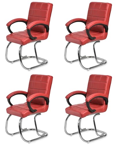 Image of GOYALSON Modern Mesh Guest Chair with Armrests Comfortable Reception Visitor Seating for Office or Home (4, Red, Double Pipe Chrome Steel Frame)