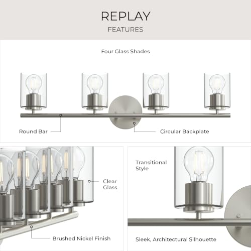 Image of Progress Lighting Replay 31.125 Inch 4-Light Vanity Light, Transitional, Brushed Nickel with Clear Glass Shades, (7.875 inch H x 31.125 inch W x 6 inch D), P300584-009
