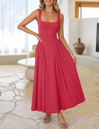 Image of ZESICA Womens 2026 Summer Sleeveless Square Neck Sundress Casual Long Flowy A Line Beach Vacation Maxi Dresses