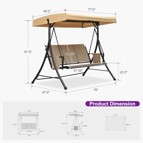 Image of PURPLE LEAF 3-Seat Porch Swing with Stand and Adjustable Canopy, Khaki | Rust-proof metal frame; breathable Textilene mesh; spacious 3-seat capacity; side storage pockets; backyard relaxation.