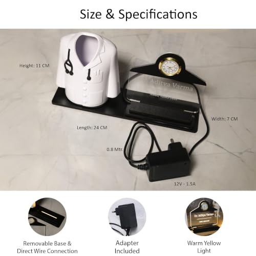 Image of Deskart Customized Gift Pen Stand with LED Name Plate & Clock | Doctor Coat Apron Shape Pen Holder with Warm LED Acrylic Name Plate & Adapter