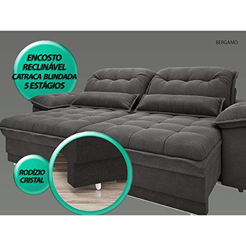 Sofá Bergamo Retrátil e Reclinável Velosuede Cinza 2,90m