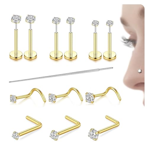 Nose Rings Studs for Women-14K Gold Filled & 316L Surgical Steel Nose Stud Threadless Flat Back Earrings-Helix Tragus Cartilage Lip Studs Hypoallergenic Corkscrew L Shaped Nostril Piercing Jewelry 20G