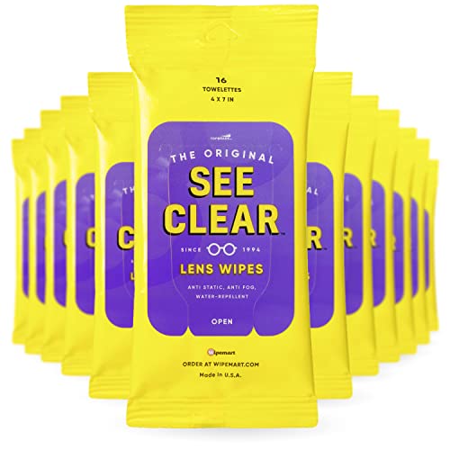 Image of See Clear Original Lens Cleaning Wipes - Pre-Moistened Eyeglass & Screen Cleaning Cloth Towelettes - Streak Free, Scratch Free Lens & Electronic Screen Cleaner - 12 Resealable Packs of 16 (192 Wipes)