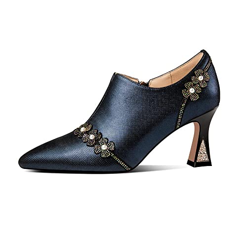 TinaCus Handmade Women's Genuine Leather Rhinestones Pearls Flowers Side Zipper Pointed Toe Mid Spool Heel Pumps Shoes2