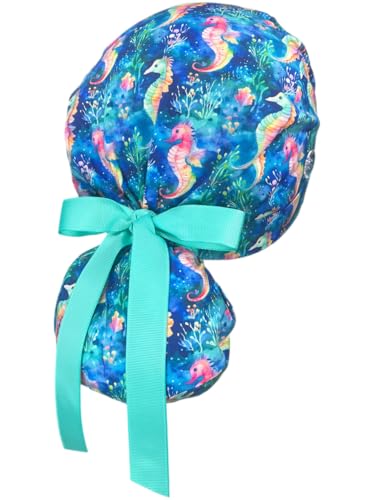 Image of Scrub Cap for Women and Men, Ponytail Scrub Caps, Working Hat, Head Cover with Ribbon Ties and Buttons, Long Hair