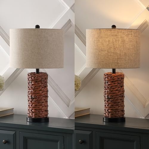 Image of JONATHAN Y 25 inch Dark Brown Coastal Water Hyacinth Table Lamp Set of 2, Bedside Lamp with Light Grey Linen Shade, Boho Farmhouse Decor for Living Room Nightstand, LED Bulbs (JYL6502B-SET2)