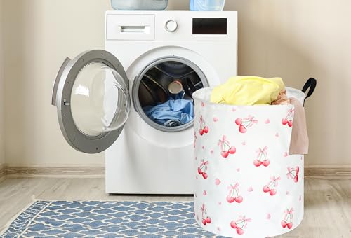 Image of Cherry Print Round Laundry Hamper Storage Basket Bins Clothes Nursery Hamper for Home, Gift Storage Bins with Handles