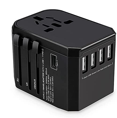 5.6A Travel Adapter by ASR,Universal 4ultra speed USB Charger Converter For International Travel, Power Socket Worldwide Plugs UK EU US AU Auto Switch Including 4 USB and 1 Type C, with Carry Pouch