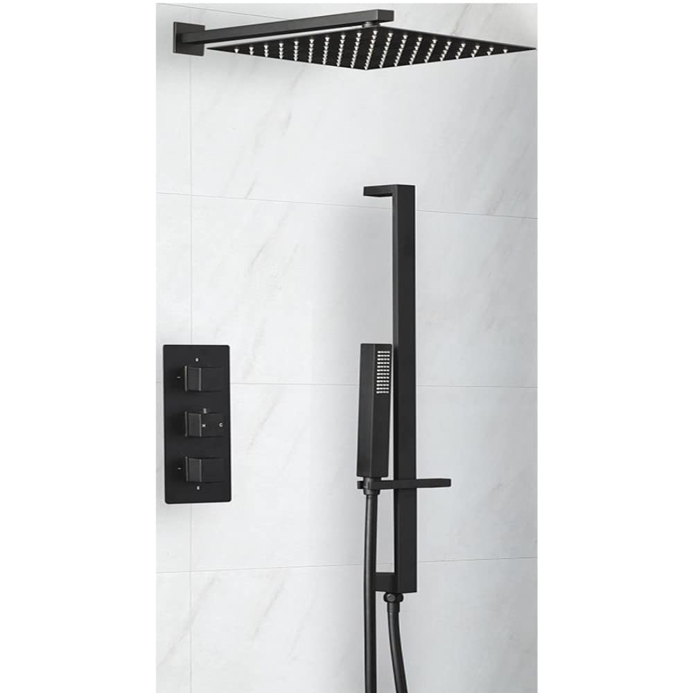 Milano Black Preto Thermostatic Mixer Valve 300Mm Wall Mounted Shower Head Handset Riser Rail